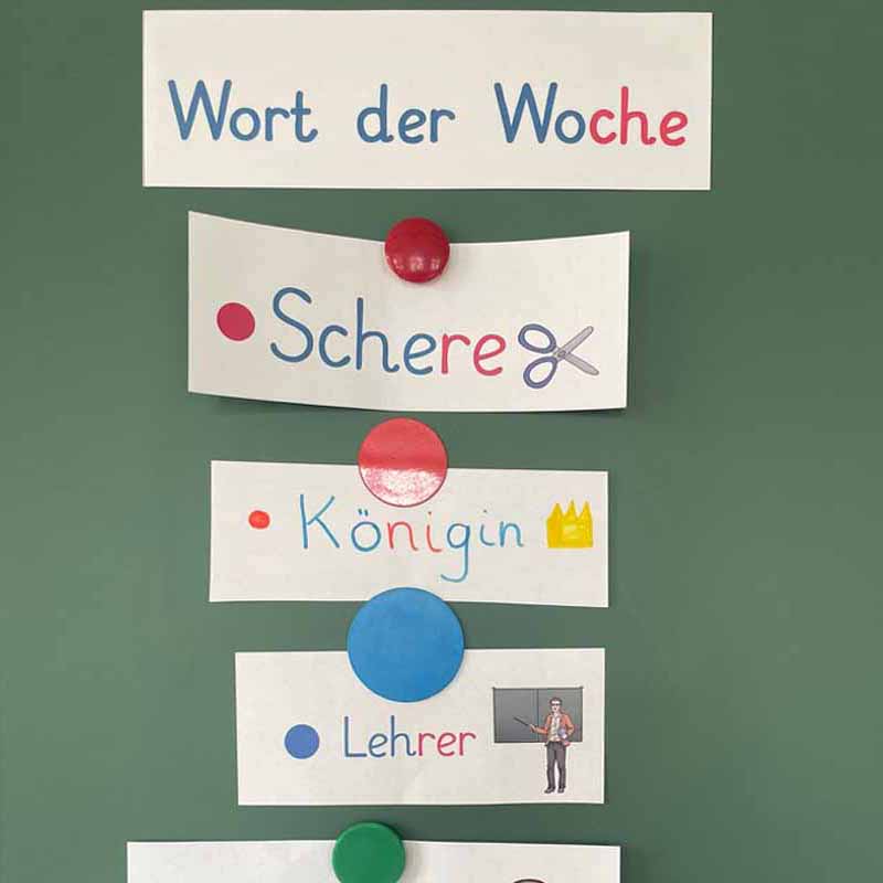 Wort der Woche Aktion Wörter auf Papierstreifen mit erklärendem Bild