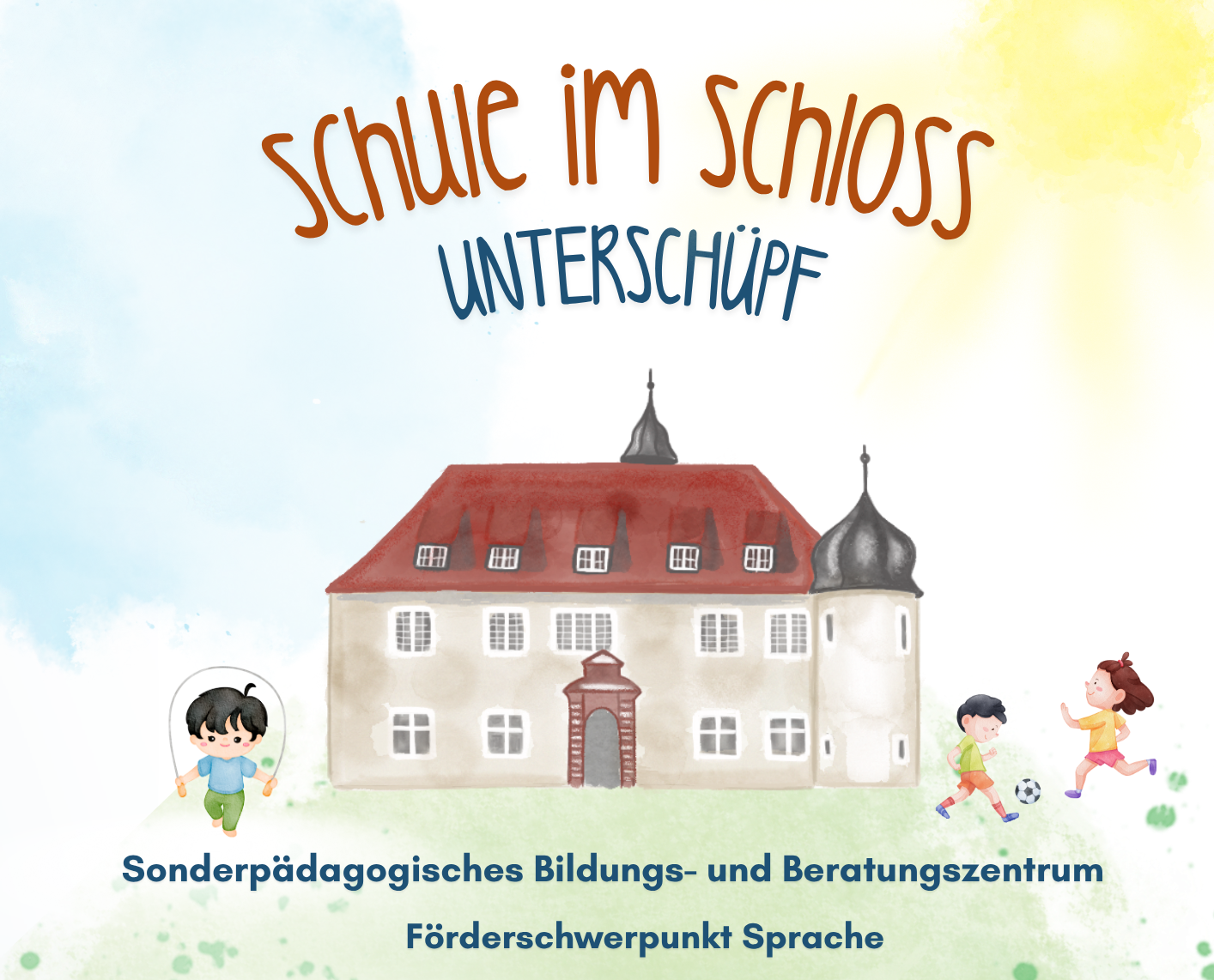 Grafik des Schulgebäudes Text: Schule im Schloss Unterschüpf. Sonderpädagogisches Bildungs- und Beratungszentrum - Förderschwerpunkt Sprache Schloss mit Kindern, die spielen; Text: „Schule im Schloss Unterschüpf“.
